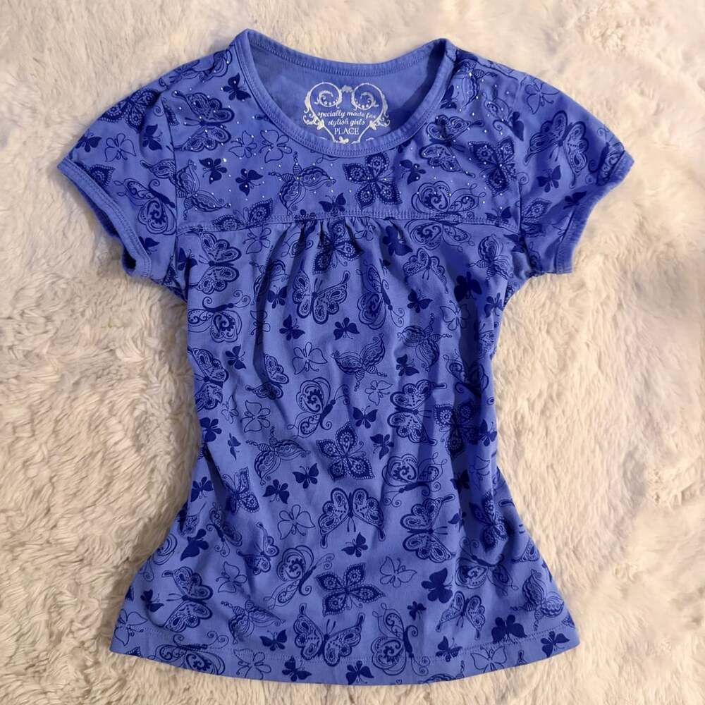 The Children's Place Girls Blue Butterfly Print Rhinestone Short Sleeve Tee Size